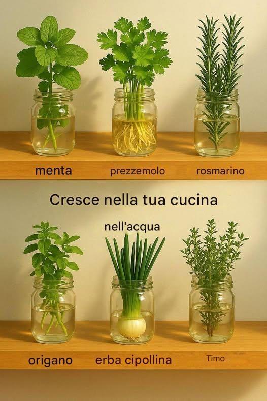 Coltivare erbe aromatiche in acqua in cucina —