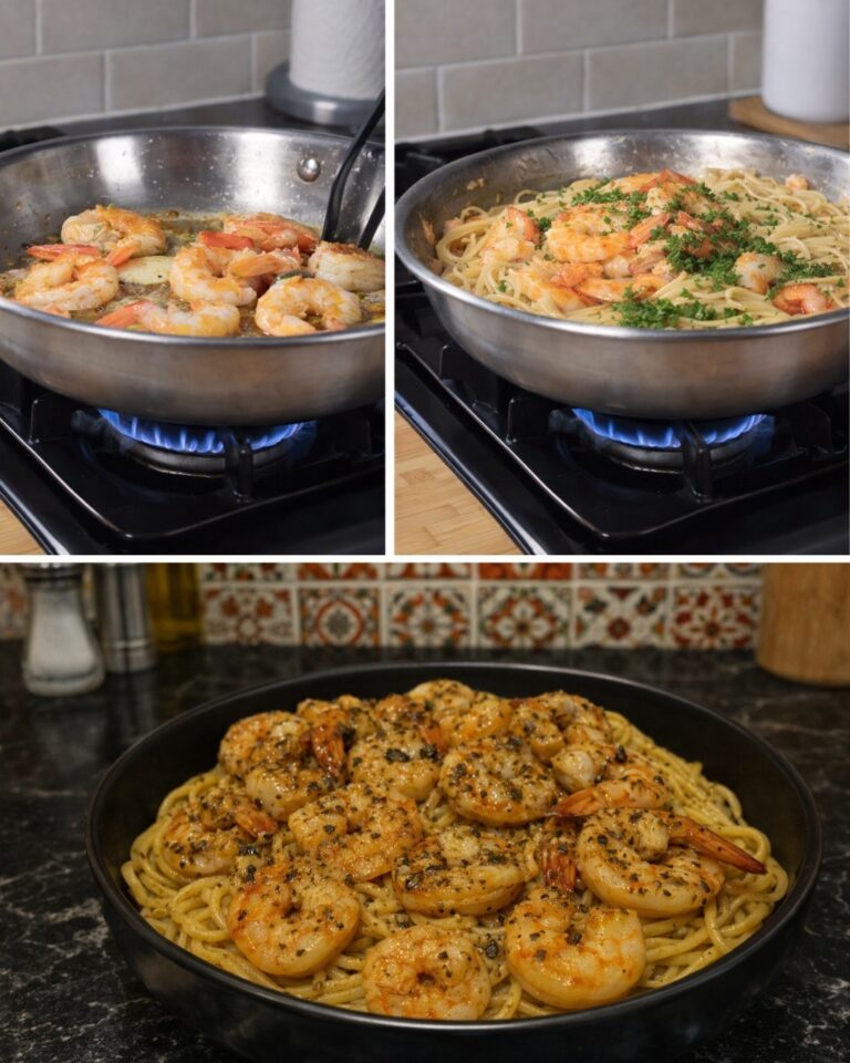 Pasta con gamberi, aglio, burro ed erbe aromatiche