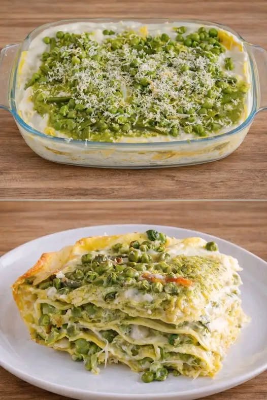 Lasagna di primavera verde cremosa gratinata e piena di verdure di stagione