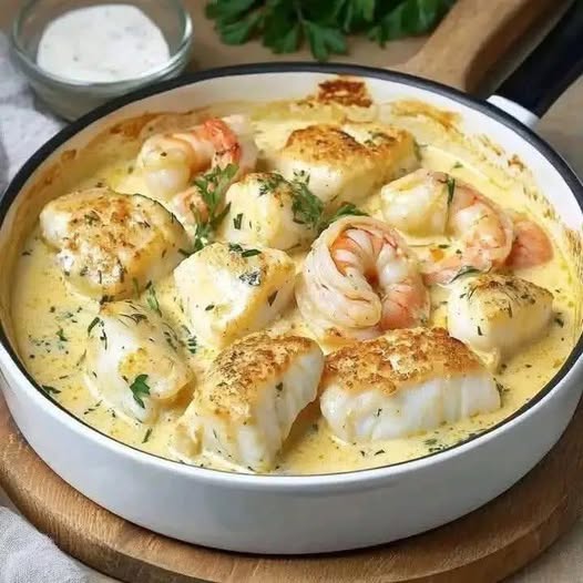 Filetti di Merluzzo e Gamberi in Salsa Cremosa al Limone e Aglio