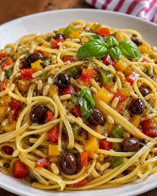 Pasta con peperoni e olive taggiasche